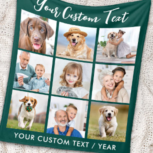 Modern Personalised 9 Photo Collage Emerald Green Fleece Blanket