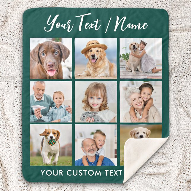 Modern Personalised 9 Photo Collage Emerald Green Sherpa Blanket (Creator Uploaded)