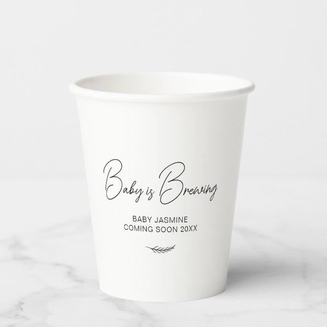 Modern Personalised Baby Shower Baby is Brewing Gi Paper Cups (Front)