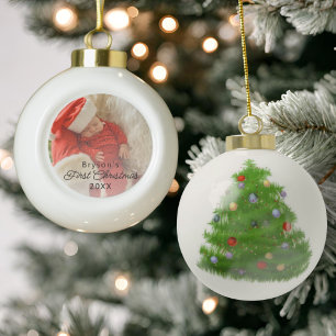 Modern Personalised Baby's First Christmas Photo Ceramic Ball Christmas Ornament