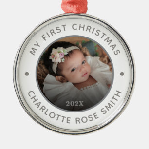 Modern Personalised Baby's First Christmas Photo Metal Tree Decoration
