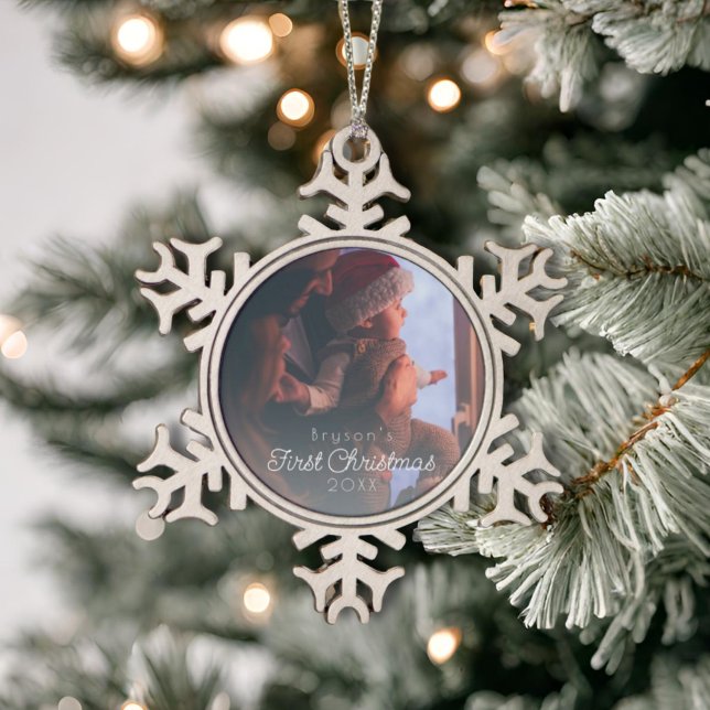 Modern Personalised Baby's First Christmas Photo Snowflake Pewter Christmas Ornament (Creator Uploaded)