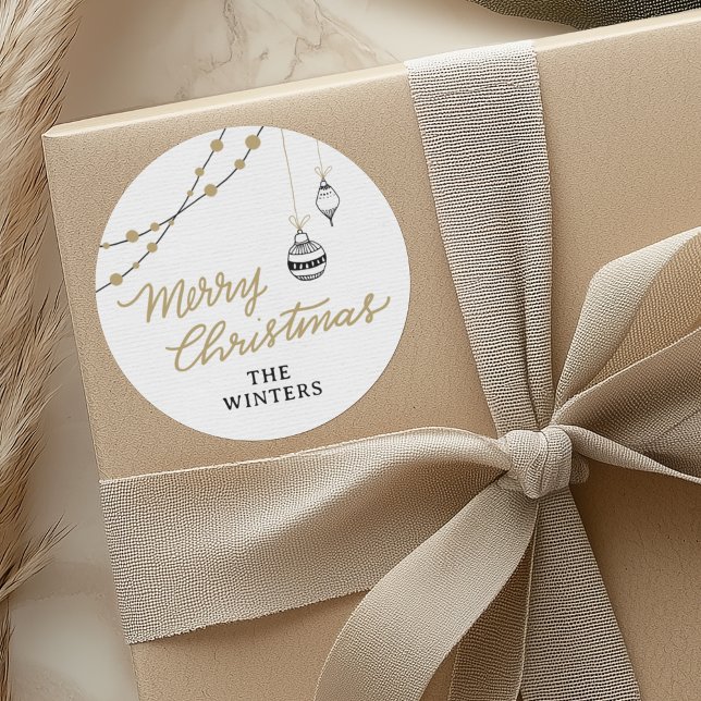 Modern Personalised Black and Gold Christmas  Classic Round Sticker (Modern Personalized Black and Gold Hand-Drawn Baubles Christmas Sticker for Presents and Envelopes)