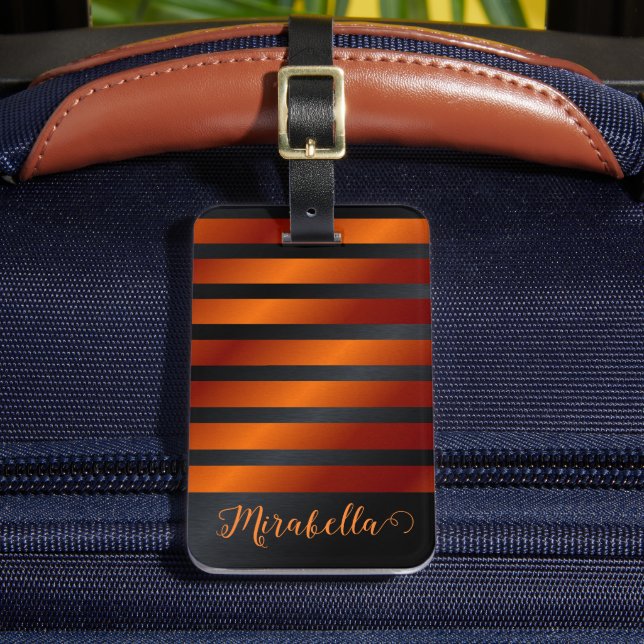 Modern Personalised Black and Orange Luggage Tag (Front Insitu 2)