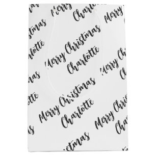 Modern Personalised Black and White Christmas Medium Gift Bag