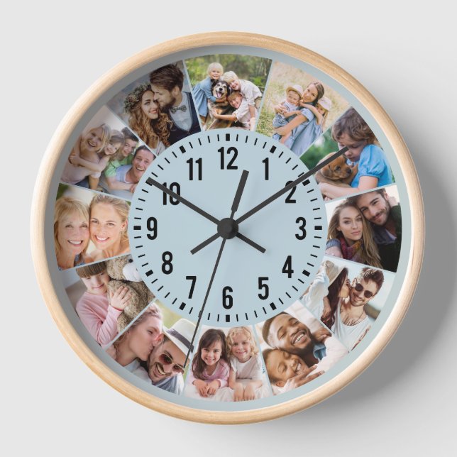 Modern Personalised Blue 12 Photo Collage Clock (Front)