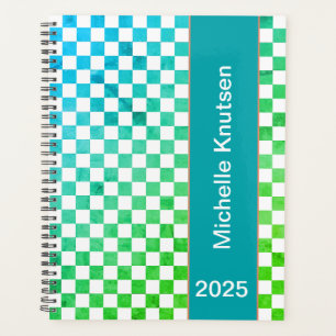 Modern Personalised Blue and Green Chequered 2025  Planner