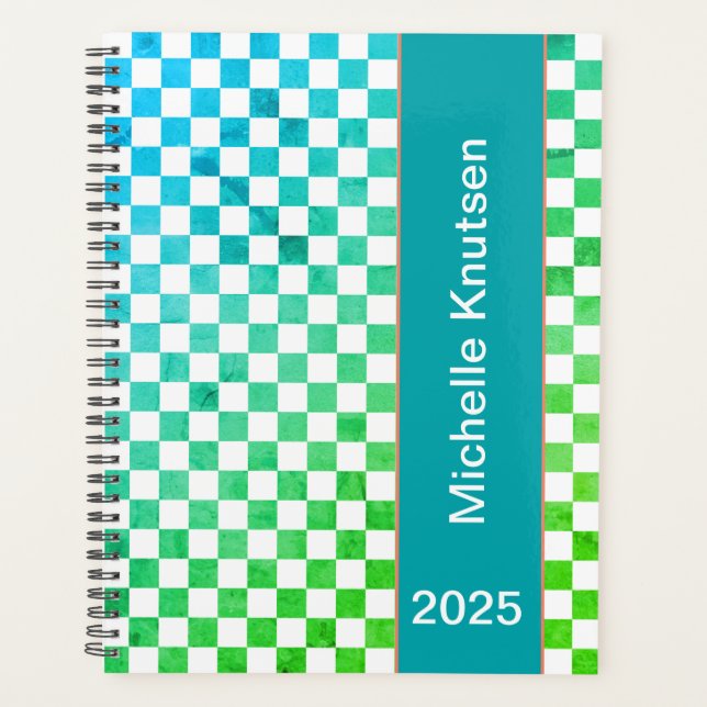 Modern Personalised Blue and Green Chequered 2025  Planner (Front)