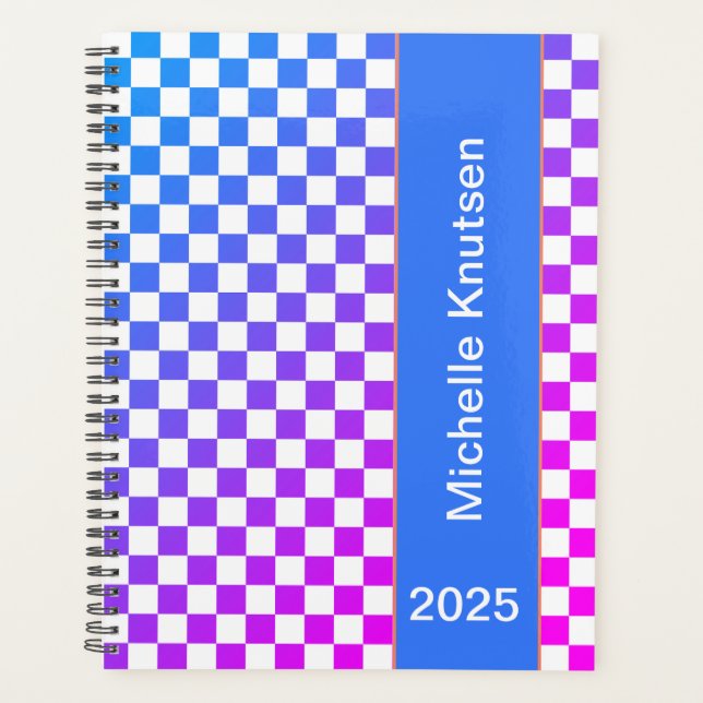 Modern Personalised Blue and Pink Chequered 2025  Planner (Front)