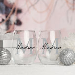 Modern Personalised Blue Monogram Stemless Wine Glass<br><div class="desc">Elevate any celebration with our Modern Personalised Black Pink Monogram Stemless Wine Glass. This chic and versatile glass is adorned with a sleek gold and black monogram, making it the perfect gift for wedding parties, bridesmaids, and birthdays . Customise with a name for an extra touch of sophistication. Durable and...</div>