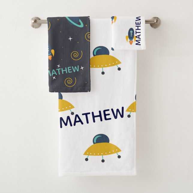 Modern Personalised Blue Yellow Grey Space Kids Bath Towel Set (Insitu)