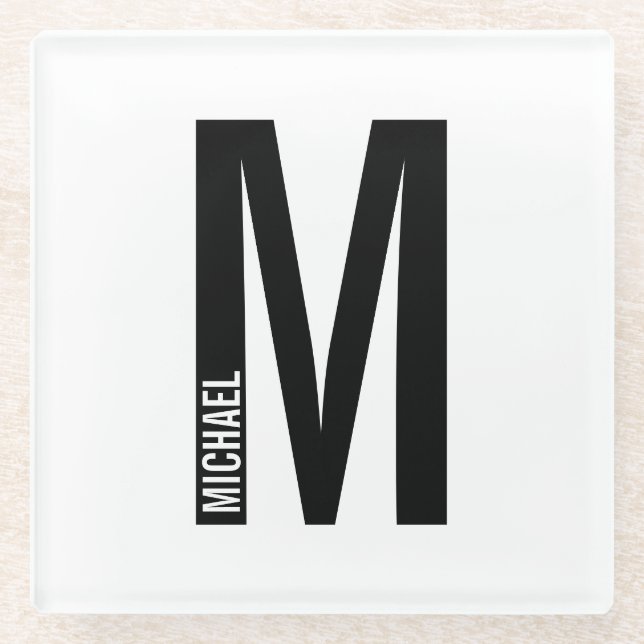 Modern Personalised Bold Monogram and Name Glass Coaster (Front)