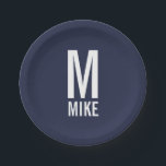 Modern Personalised Bold Monogram and Name Paper Plate<br><div class="desc">Modern Monogram Design featuring white personalised monogram and name in modern bold sans serif font style on navy blue background.</div>