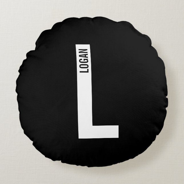 Modern Personalised Bold Monogram and Name Round Cushion (Front)