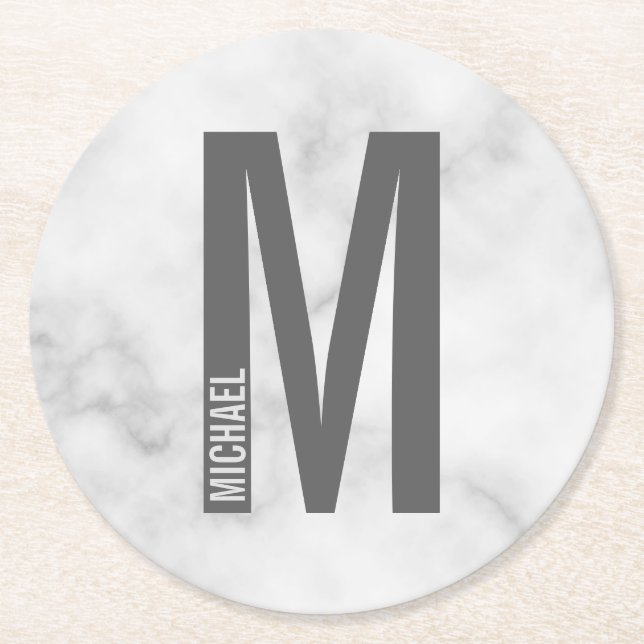 Modern Personalised Bold Monogram and Name Round Paper Coaster (Front)