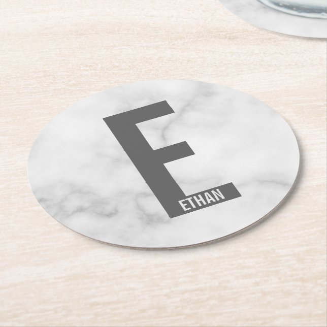 Modern Personalised Bold Monogram and Name Round Paper Coaster (Angled)