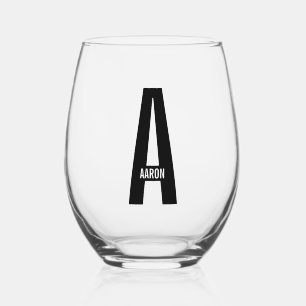 Modern Personalised Bold Monogram and Name Stemless Wine Glass