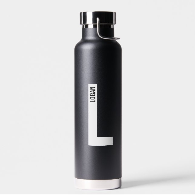 Modern Personalised Bold Monogram and Name Water Bottle (Left)