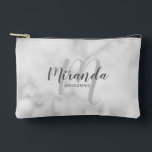 Modern Personalised Bridesmaid Monogram Name Accessory Pouch<br><div class="desc">Add a personal touch to your wedding with personalised bridesmaid gift. This design features personalised bridesmaid's name in grey modern script font style and monogram in light grey modern script font style as background with title in grey modern sans serif font style on white marble background. Also perfect for maid...</div>