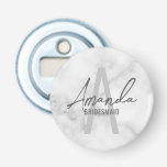 Modern Personalised Bridesmaid's Monogram and Name Bottle Opener<br><div class="desc">Modern Personalised Bridesmaid's Monogram and Name Gifts This design features personalised bridesmaid's name in grey modern handwriting script font style and monogram in light grey modern sans serif font style as background, with wedding details in grey modern sans serif font style, on white marble background. Also perfect for maid of...</div>