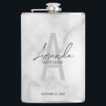 Modern Personalised Bridesmaid's Monogram and Name Hip Flask<br><div class="desc">Modern Personalised Bridesmaid's Monogram and Name Gifts This design features personalised bridesmaid's name in grey modern handwriting script font style and monogram in light grey modern sans serif font style as background, with wedding details in grey modern sans serif font style, on white marble background. Also perfect for maid of...</div>
