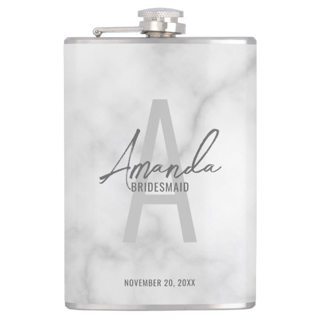 Modern Personalised Bridesmaid's Monogram and Name Hip Flask (Front)