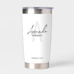 Modern Personalised Bridesmaid's Monogram and Name Insulated Tumbler<br><div class="desc">Modern Personalised Bridesmaid's Monogram and Name Gifts This design features personalised bridesmaid's name in grey modern handwriting script font style and monogram in light grey modern sans serif font style as background, with wedding details in grey modern sans serif font style on white background. Also perfect for maid of honour,...</div>