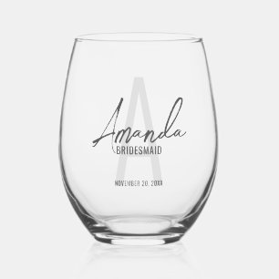 Modern Personalised Bridesmaid's Monogram and Name Stemless Wine Glass