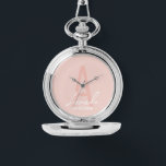 Modern Personalised Bridesmaid's Monogram and Name Watch<br><div class="desc">Modern Personalised Bridesmaid's Monogram and Name Gifts This design features personalised bridesmaid's name in white modern handwriting script font style and monogram in blush pink modern sans serif font style as background, with wedding details in white modern sans serif font style, on blush pink background. Also perfect for maid of...</div>