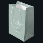 Modern Personalised Bridesmaids Name Medium Gift Bag<br><div class="desc">Modern Personalised Bridesmaids Gifts
featuring personalised bridesmaid's name in white modern script font style with title and wedding date in modern sans serif font style on sage green background.

Also perfect for Maid of Honour,  Flower Girl,  Mother of the Bride and more.</div>