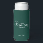 Modern Personalised Bridesmaids Se Seltzer Can Cooler<br><div class="desc">Modern Personalised Bridesmaids Gifts
featuring personalised bridesmaid's name in white elegant script font style with title in modern sans serif font style on emerald green background.

Also perfect for groomsmen,  best man,  father of the bride,  maid of honour,  flower girl,  mother of the bride and more.</div>