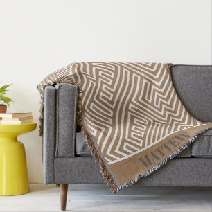 Modern Personalised Brown White Labyrinth Pattern Throw Blanket