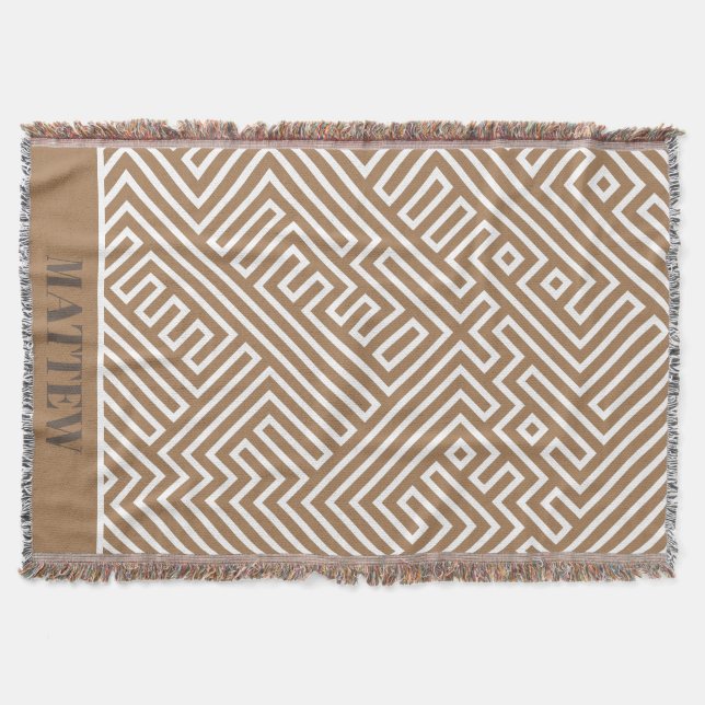Modern Personalised Brown White Labyrinth Pattern Throw Blanket (Front)