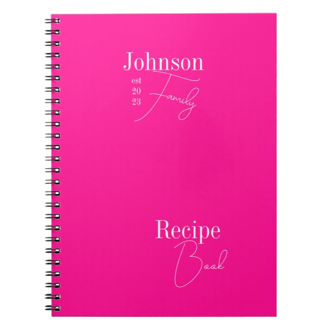 Modern Personalised Family Name Hot Pink Recipe Notebook (Front)