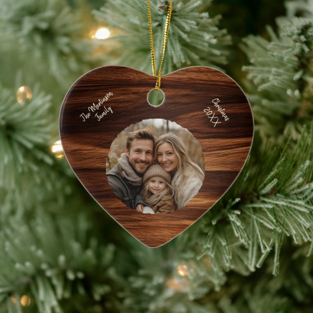 Modern Personalised Family Photo Woodgrain Heart Ceramic Tree Decoration (Tree)