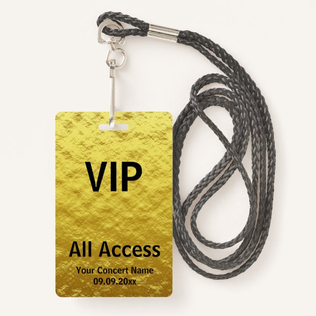 Modern Personalised Gold Black VIP All Access ID Badge (Front with Lanyard)