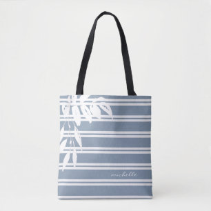 Modern Personalised Grey White Stripe Botanical Tote Bag