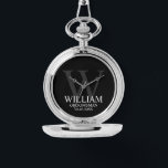 Modern Personalised Groomsman's Name and Monogram Watch<br><div class="desc">Modern Personalised Groomsman Gifts
This design features personalised groomsman's name with title and wedding date in white and monogram in light grey as background,  in classic serif font style,  on black background.

Also perfect for Best Man,  Father of the Bride and more.</div>