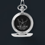 Modern Personalised Groomsman's Name and Monogram Watch<br><div class="desc">Modern Personalised Groomsman Gifts
This design features personalised groomsman's name with title and wedding date in white and monogram in light grey as background,  in classic serif font style,  on black background.

Also perfect for Best Man,  Father of the Bride and more.</div>