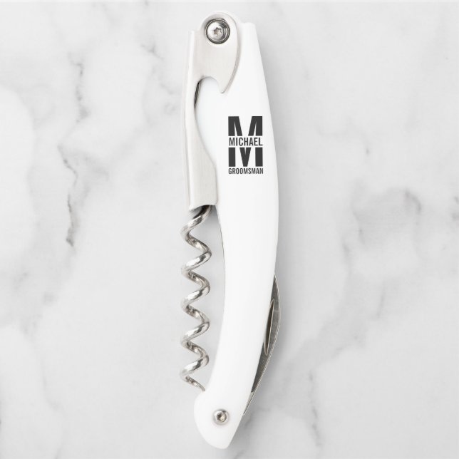 Modern Personalised Groomsmen Monogram and Name Corkscrew (Front)