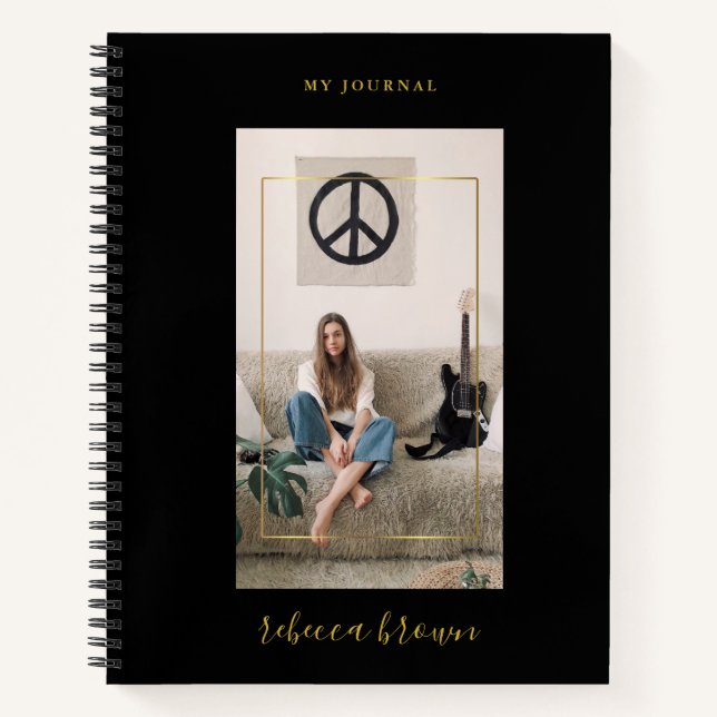 Modern  Personalised Handwritten Black Gold Frame Notebook (Front)