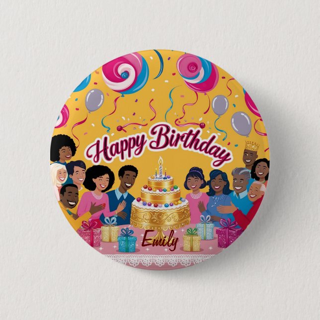 Modern Personalised Happy Birthday Celebration  6 Cm Round Badge (Front)
