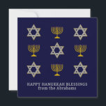 Modern Personalised Happy Hanukkah  Holiday Card<br><div class="desc">Modern, personalised HAPPY HANUKKAH holiday greeting card, showing faux gold and silver STAR OF DAVID and MENORAH in a tiled pattern against a midnight blue background. Text reads HAPPY HANUKKAH with a placeholder name, and is CUSTOMIZABLE, so you can PERSONALIZE it by adding your name or other text. You can...</div>