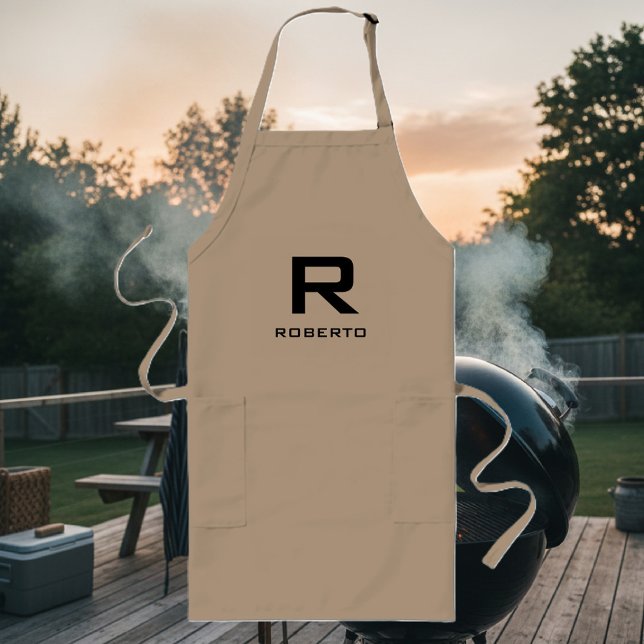 Modern personalised khaki beige bbq apron for men (bbq apron with name monogram)