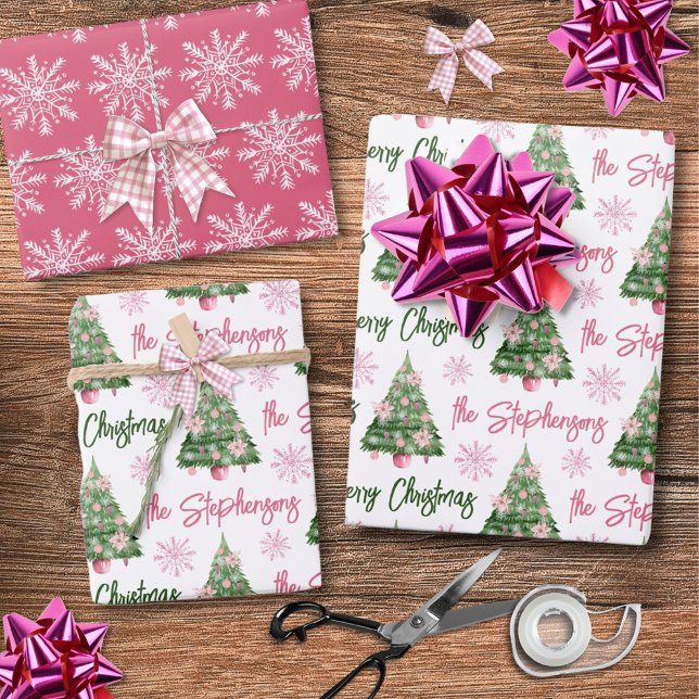 Modern Personalised Merry Christmas Tree Pink Wrapping Paper Sheet (Creator Uploaded)