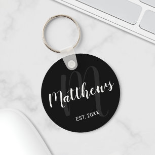 Modern Personalised Monogram and Family Name Black Key Ring