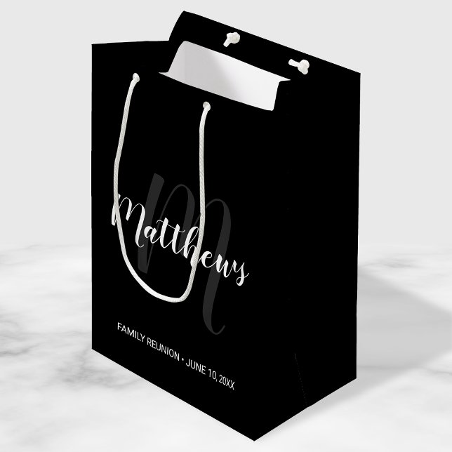 Modern Personalised Monogram and Family Name Black Medium Gift Bag (Creator Uploaded)