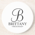 Modern Personalised Monogram and Name Bridesmaid Coaster<br><div class="desc">Modern Personalised Bridesmaid Gifts
featuring personalised monogram in elegant script font style with bridesmaid's name and title in classic serif font style.

Also perfect for maid of honour,  mother of the bride and more.</div>