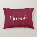 Modern Personalised Monogram and Name Burgundy Red Decorative Cushion<br><div class="desc">Personalised Monogram and Name Gift featuring personalised name in white modern script font style and monogram in light burgundy red modern script font style as background on burgundy red background. Perfect as holiday gift, family reunion favours, housewarming gift, wedding gift, thank you gift for bridesmaids and gift for any special...</div>