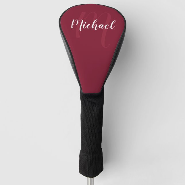 Modern Personalised Monogram and Name Burgundy Red Golf Head Cover (Front)